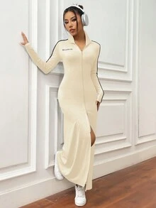 SHEIN Unity 拉鍊前開長款外套 - 杏色 - 查看 5