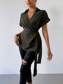 Chiquease Batwing Short Sleeve Tie Front Wrap Side Blouse - Army Green - View 4
