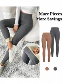 SHEIN Essnce 女士高腰保暖内衬紧身裤 - 棕色 - 查看 1