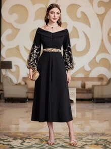 Modelyn 女士刺绣网眼灯笼袖露肩连衣裙，不含腰带超长女士装长款晚礼服 - 黑色 - 查看 5