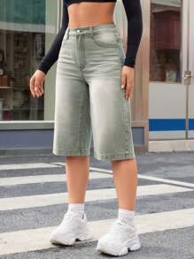 SHEIN ICON 水洗五袋牛仔短褲 - 軍綠色 - 查看 4
