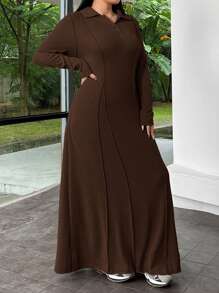 SHEIN EZwear Women's Plus Size Solid Color Button Front Half Placket Bodycon Dress - Brown - View 3