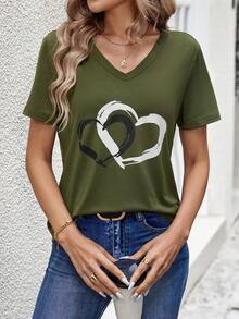 EMERY ROSE Women's Spring Heart Printed Short Sleeve T-Shirt - Army Green - View 4