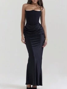 女士褶皱露背派对礼服、情人节礼服、无袖纯色性感俱乐部春夏季礼服、伴娘礼服