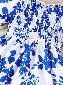 SHEIN 青少女花卉印花收緊泡袖上衣和喇叭褲夏季套裝 - 藍色 - 查看 5