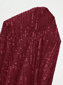 Allurite Asymmetrical Neckline Glitter Dress - Burgundy - View 4
