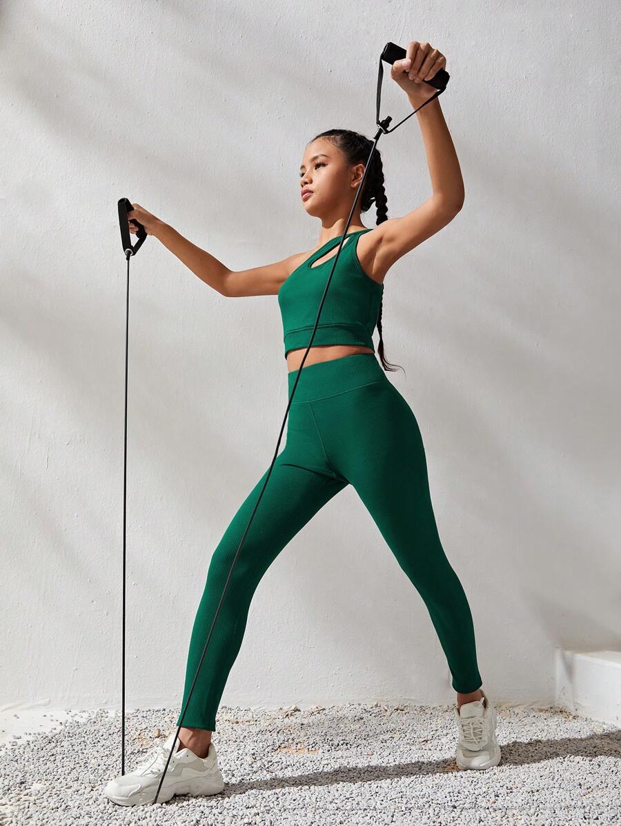 SHEIN Teenage Girls' Rib Knitted One Shoulder Vest And Pants Sports Set - Olive Green - View 1