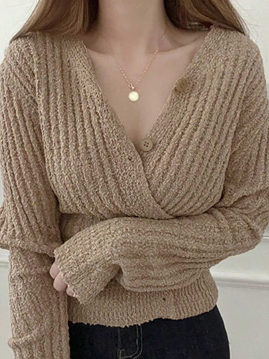 DAZY 女士修身斜紋釦領優雅針織衫 - 卡其色 - 查看 1