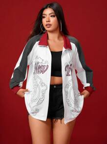 SHEIN LUNE Women'S Plus Size Letter Print Color Block Zip Up Jacket