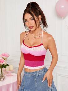 SHEIN Qutie 女士渐变条纹露背吊带针织上衣 - 玫紅色 - 查看 6