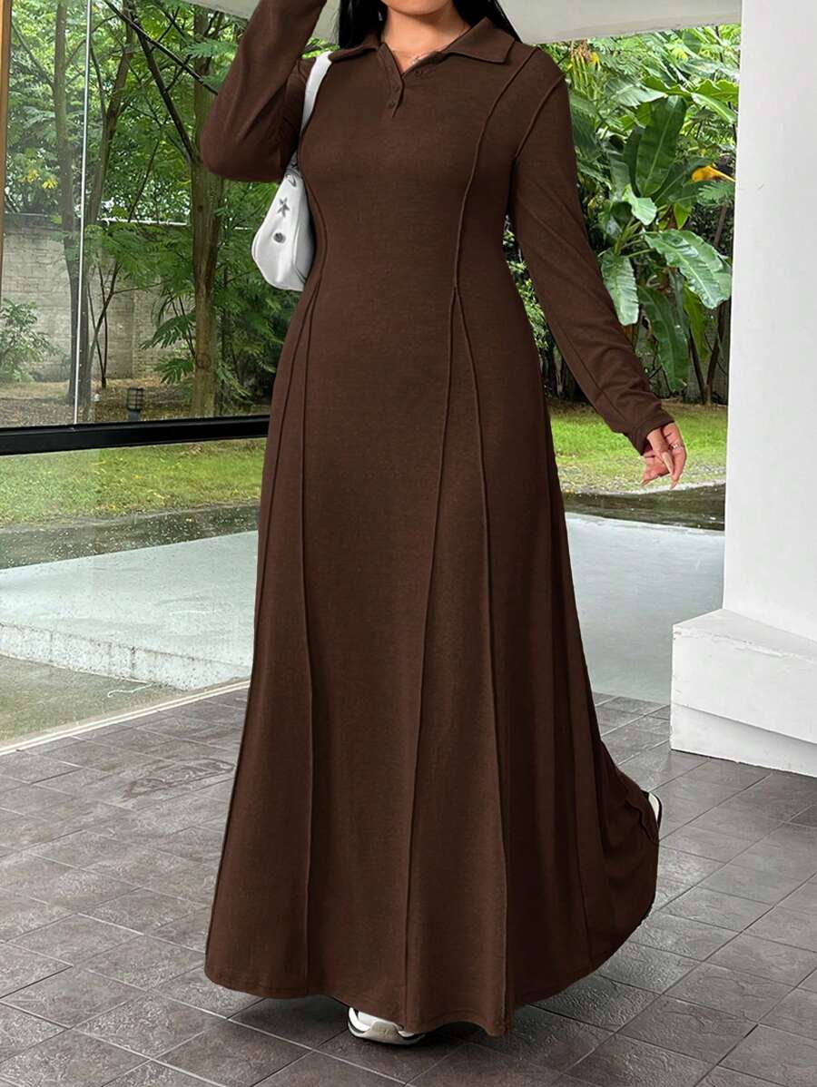 SHEIN EZwear Women's Plus Size Solid Color Button Front Half Placket Bodycon Dress - Brown - View 1