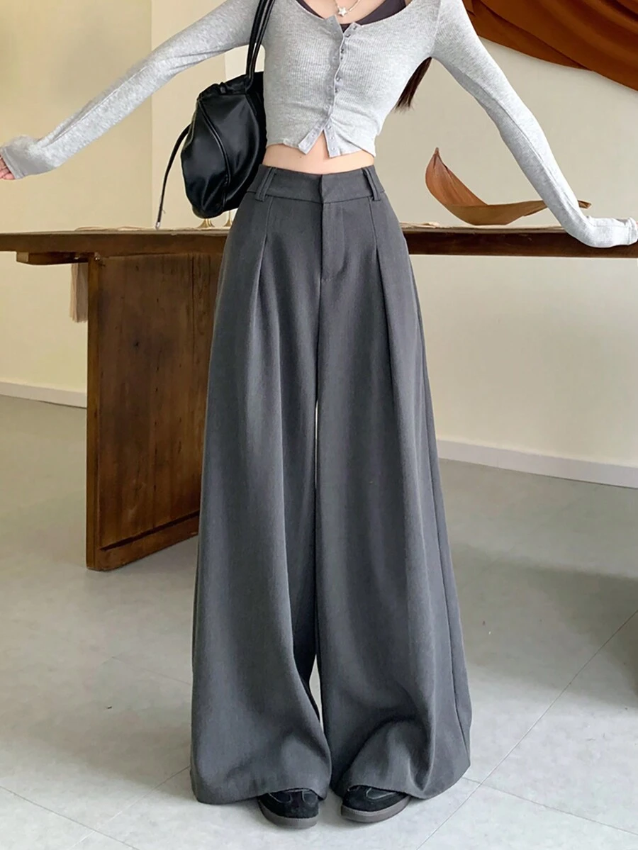 讓妳看起來更苗條的女性褶皺寬腿褲子 - 灰色 - 查看 1