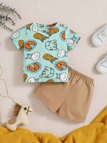 SHEIN 男嬰卡通動物印花短袖圓領上衣純色短褲 2 件/套
