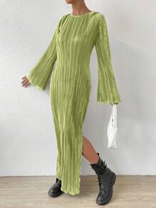 SHEIN Essnce 長袖側開叉連身裙 - 綠色 - 查看 4