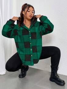 Flirla Plus Buffalo Plaid Print Hooded Flannel Coat