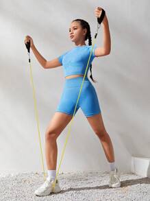 SHEIN Cô gái tuổi teen Liền mạch Dệt hoa Xu hướng: Cắt giảm Trở lại Áo thun Và Quần short Thể thao 2 Miếng - Màu xanh lam - Xem 5