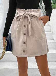SHEIN Frenchy 女式鈕扣腰帶紙袋腰裙 - 杏色 - 查看 1