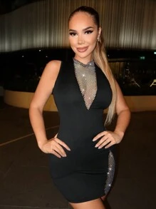 Zolique Vestido De Malla Sin Mangas Con Aplicación De Red Adornada Con Diamantes De Imitación - Negro - Ver 3