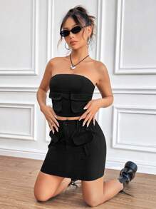 SHEIN Unity Conjunto De 2 Piezas Tipo Cargo Con Falda Y Top Sin Tirantes De Color Liso Para Mujer - Verde - Ver 1