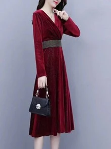 Women's Wrap Style Waist Cinched Cocktail Party Formal Dress - Red - View 4