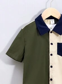 Toddler Boys' Casual Coordinated Woven Patchwork Color-Blocking Turn-Down Collar Shirt And Shorts Set