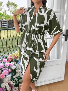 SHEIN Clasi Của phụ nữ Kích thước lớn In Đường viền cổ có rãnh Bọc Eo Cái nĩa cao Đầm - xanh quân đội - Xem 3