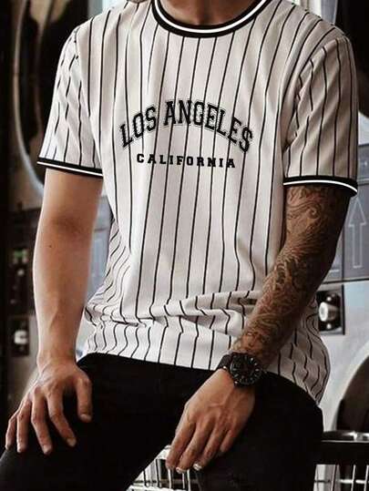 Manfinity Homme 男士条纹与洛杉矶字母图案撞色边饰短袖休闲 T 恤，适合外出，适合丈夫棒球球衣男士