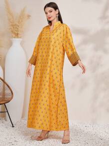 Al Najma Notched Neckline All-Over Printed Dress - Yellow - View 3