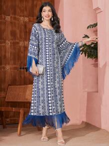 Al Najma Printed Fringe Decor Batwing Sleeve Dress, Modest Kaftan - Blue - View 3