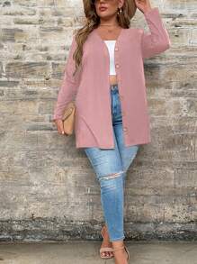 Plus Size Casual Plain Long Sleeve Single-Breasted Jacket - Pink - View 4