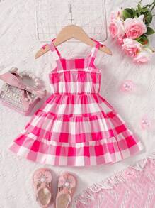 Vestido de cuadros rosa simple para bebé niña, adecuado para el verano - Rosa - Ver 2