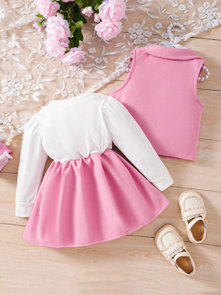 Baby Girls' Solid Color Woolen Vest With Color-Contrasting Dress Set