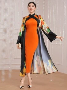 Modelyn Ladies' Contrast Color Bodycon Dress And Coat Set - Orange - View 1