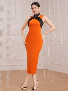 Modelyn Ladies' Contrast Color Bodycon Dress And Coat Set - Orange - View 3