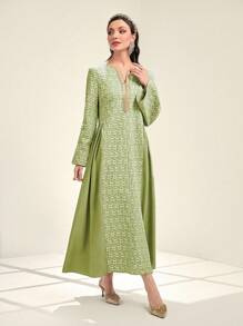 Al Najma Women's Floral Embossed Notched Collar Tape Detail Dress, Modest