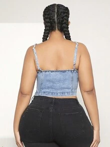 SHEIN CURVE+ 女士大尺碼牛仔無袖吊帶背心 - 中等水洗藍 - 查看 2
