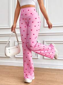 SHEIN Qutie 女裝寬腰心形印花褲 - 粉色 - 查看 4