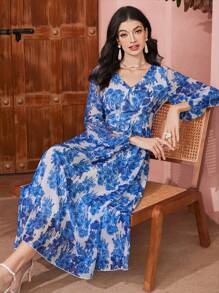 Mulvari Flower Print V Neck Elastic Waist Ruffle Hem Lantern Sleeve Dress - Multicolor - View 5