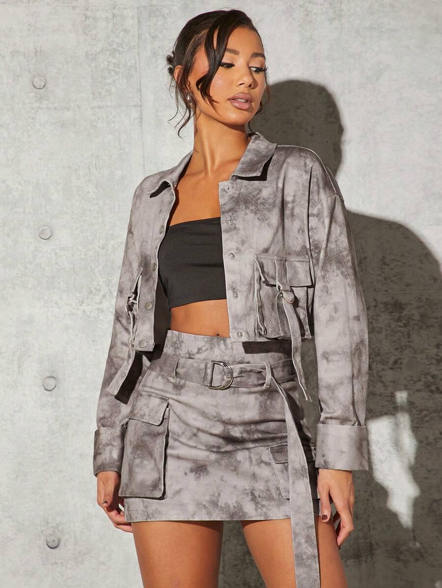 SHEIN BAE Women's Tie-Dye Flip Pocket Jacket