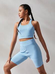 SHEIN Teenage Girls' Knitted Stripe Halter Top And Shorts Sports Set