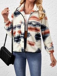 SHEIN LUNE Women's Geometric Pattern Sherpa Jacket - Multicolor - View 5