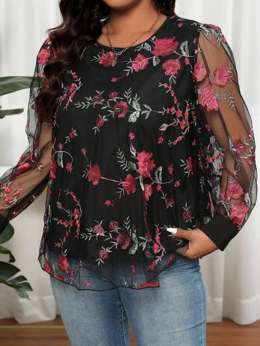SHEIN LUNE Camisa De Talla Grande Para Mujer Con Paneles De Malla Bordados Con Mariposas - Multicolor - Ver 1