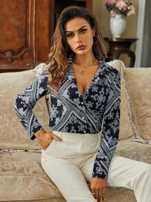 Aveloria Women's Peplum Printed Button-Front Long Sleeve Shirt - Black and White - View 1