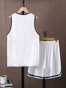 Ensemble De Sport De Gilet Et De Short Pour Garçons Adolescents Avec Imprimé De Lettres En Bloc De Couleur - Multicolore - Voir 2