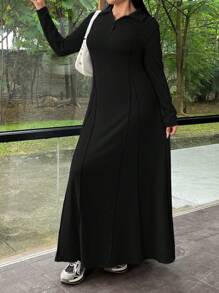 SHEIN EZwear 大码女式黑色长袖Polo领休闲连衣裙 - 黑色 - 查看 6