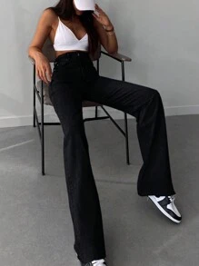 SHEIN Tall Casual High Waist Straight Leg Jeans - Black - View 4