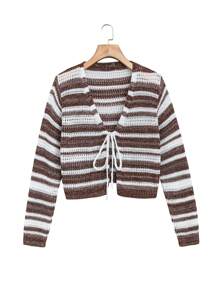 SHEIN LUNE Kích thước lớn Của phụ nữ Sọc Tie Trước Áo len Mở - Nhiều màu - Xem 1