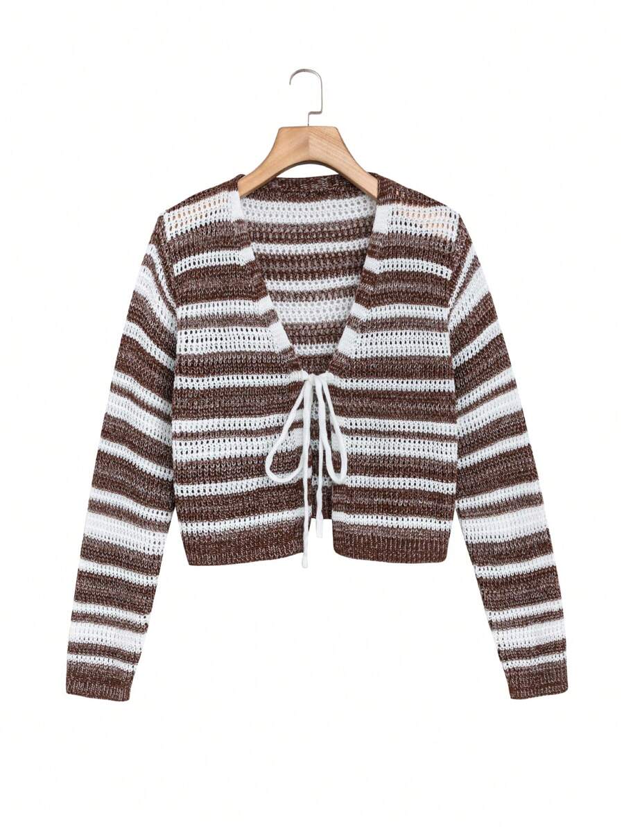 SHEIN LUNE Kích thước lớn Của phụ nữ Sọc Tie Trước Áo len Mở - Nhiều màu - Xem 1