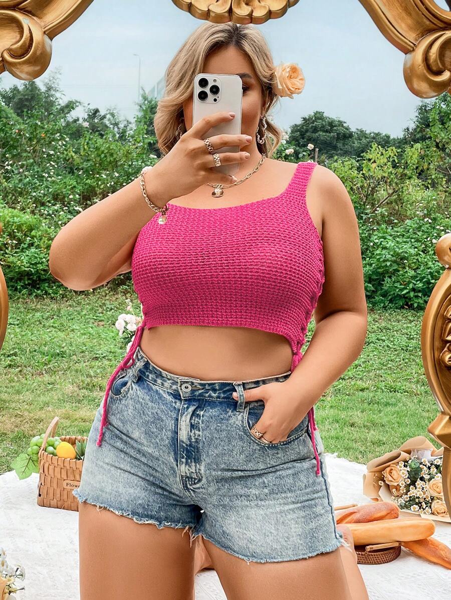 Flirla Plus Size Knit Top With Side Tie & Cut Out Design