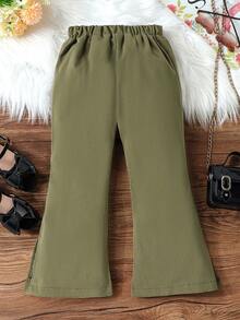 SHEIN Little Girls' Solid Color Flared Pants With Split Hem, Fashionable And Versatile - Green - View 2